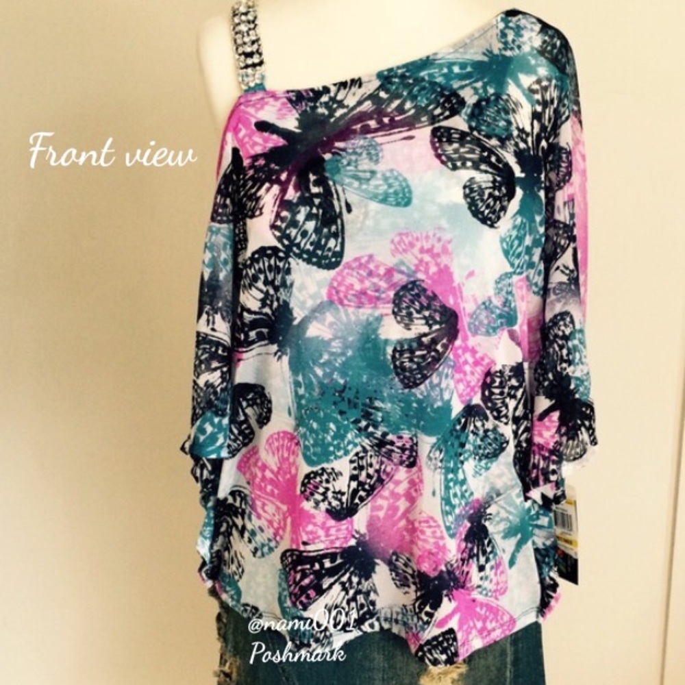 Pretty Floral Butterfly Print Cold Shoulder Bling Strap Top Blouse - Picture 2 of 4